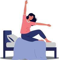 A young woman stretching joyfully on a bed in a cozy bedroom, flat illustration showcasing morning energy and freshness in a cheerful atmosphere vector