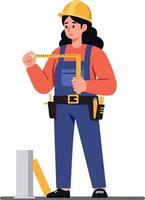 Construction worker measuring with a yellow tape, wearing a hard hat and tool belt, in a flat minimal style illustration vector