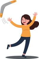 A cheerful girl joyfully tossing a colorful boomerang in a flat, minimal design style showcasing outdoor playfulness and excitement in art vector