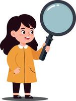 A cheerful girl in a bright yellow coat holding a large magnifying glass in a playful manner, designed in a flat art style vector