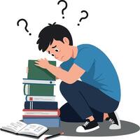 A young man crouching beside a tall stack of books with a puzzled expression in a flat illustration vector