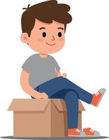 A cheerful boy with brown hair sitting on a cardboard box in a flat art style, expressing playful curiosity and joy in a minimalist design vector