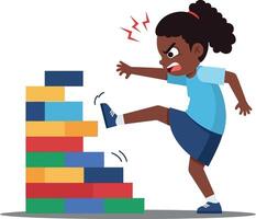 A girl with curly hair kicking a colorful block tower in a flat and vibrant illustration showcasing frustration and playfulness in a playful setting. vector