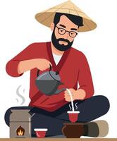 A man in traditional attire pouring tea from a kettle while seated on the floor, showcasing a minimal style in vibrant colors, illustration vector