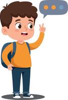 Cheerful young boy with a backpack gesturing a peace sign in a minimal illustration with speech bubble expressing enthusiasm and positivity vector