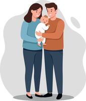 A happy couple lovingly holding their baby in a cozy indoor setting, flat illustration capturing warmth and family connection vector