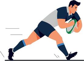Dynamic rugby player in action, sprinting towards the goal with determination, flat design illustration vector