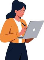 Young woman with black hair wearing an orange jacket using a laptop while taking notes in a flat illustration of a focused work environment vector