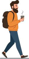 A man in an orange sweater with a backpack walking while holding a coffee cup in a flat illustration vector