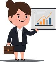 A businesswoman in a black suit presenting a growth chart with colorful bars, showcasing confidence and professionalism in a minimal illustration vector