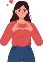 Young woman in a red sweater forming a heart shape with her hands, flat style illustration expressing love and positivity vector