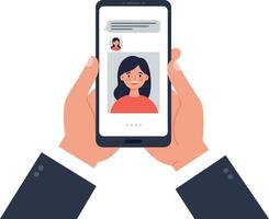 Hands holding a smartphone displaying a profile picture of a smiling woman in a red shirt, flat illustration vector
