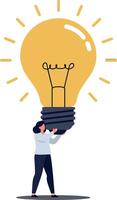 A person lifting a large light bulb symbolizing creativity and ideas in a flat illustration style with bright colors and cheerful atmosphere vector