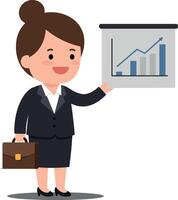 Businesswoman in a black suit presenting a growth chart on a screen in a minimal illustration style, showcasing professionalism and confidence in a corporate setting art vector