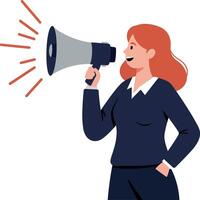 Confident woman speaking into a megaphone with enthusiasm in a flat and colorful illustration vector