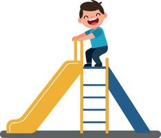 Happy child climbing a yellow and blue playground slide in a vibrant flat illustration, showcasing joy and playfulness in an outdoor setting art vector