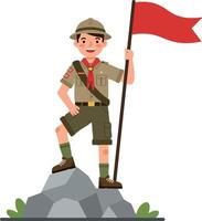 A cheerful scout boy standing proudly on a rock while holding a red flag in a flat illustration depicting adventure and achievement vector