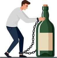 A man in casual clothing struggles to lift a large chained green bottle, representing addiction, in a minimal and modern illustration vector