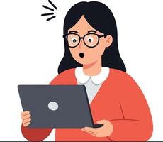 Young woman with glasses showing surprise while using a laptop in a flat, modern design art vector
