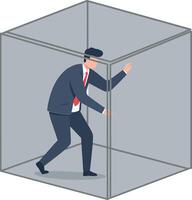 A businessman in a suit trapped inside a transparent cube, showcasing minimal design style, conveying a sense of confinement and struggle in illustration vector