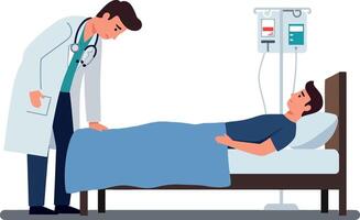 Doctor in a white coat checking a patient in a hospital bed with IV drip in a minimal and clean illustration vector
