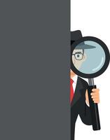 A detective character peeking from behind a grey wall while holding a magnifying glass in a flat illustration emphasizing intrigue and curiosity vector