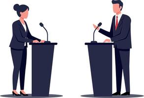 Two professional speakers engaging in a dynamic debate at podiums in a flat design illustration vector