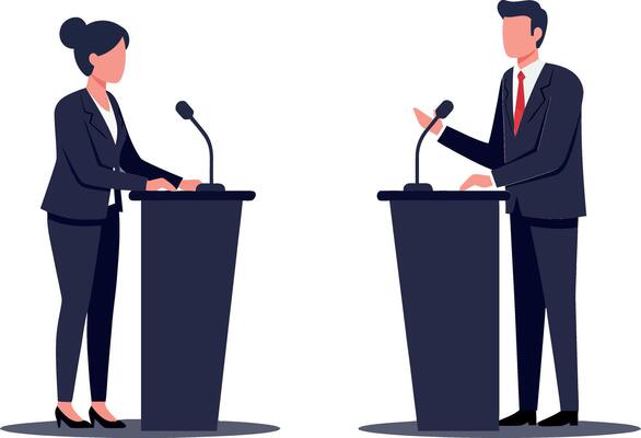 Two professional speakers engaging in a dynamic debate at podiums in a flat design illustration