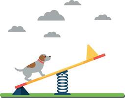 A playful dog joyfully balancing on a colorful seesaw in a vibrant park setting with fluffy clouds above in flat art vector