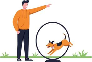 A cheerful man in an orange hoodie encourages a playful dog running through a circular agility hoop in flat art vector