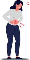 A woman in casual attire standing with a pained expression while holding her stomach, illustrating discomfort in a minimal illustration vector