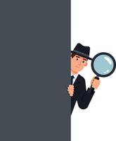A detective peeking from behind a large gray wall holding a magnifying glass in a flat illustration portraying curiosity and intrigue vector