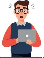 Surprised young man with glasses holding a laptop in a flat, colorful design illustration depicting shock and curiosity in a digital workspace setting vector