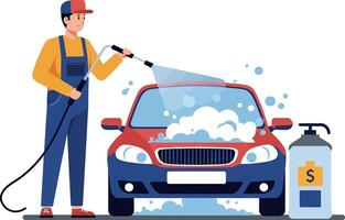 A man washing a red car with bubbles using a hose in a flat illustration style showcasing a clean and tidy atmosphere vector