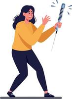 Woman gripping a syringe with a worried expression in a flat, minimal design illustration showcasing urgency and concern in a medical context vector