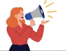 A woman enthusiastically speaking into a megaphone with vibrant colors in a flat design style showcasing communication and engagement illustration vector