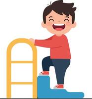 A cheerful boy climbing a colorful step ladder in a playful, flat design style, showcasing joy and excitement in art vector
