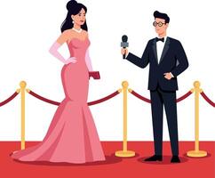 Glamorous woman in a pink evening gown interacting with a male reporter in formal attire on a red carpet setting, minimal illustration vector