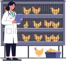 Veterinarian examining chickens in a clean clinic with modern design elements in a detailed illustration vector