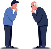 Two men in thoughtful poses, one young and one elderly, displayed in a flat illustration emphasizing generational dialogue and reflection vector