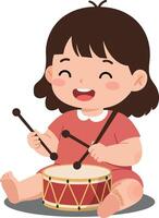 Happy child joyfully playing a red drum with drumsticks in a playful, colorful flat illustration vector