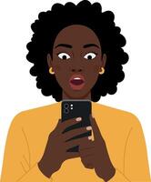 Surprised woman with curly hair holding smartphone in a vibrant yellow sweater, minimal style illustration capturing the essence of modern communication and emotion in art vector