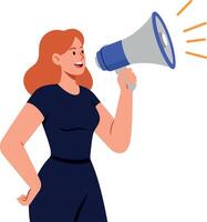 A confident woman with curly red hair passionately speaking into a megaphone in a flat illustration style expressing enthusiasm and engagement in a lively atmosphere vector