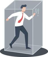 A businessperson in a glass box representing confinement, illustrated in a minimal style, showcasing a sense of urgency and determination in art vector
