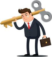A businessman in a suit struggling to carry a large golden key while holding a briefcase, designed in a flat illustration style, expressing a sense of frustration and effort vector