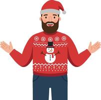 Cheerful man in a Santa hat and festive sweater, smiling and gesturing with open arms, in a flat illustration vector