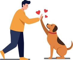 A man joyfully interacting with a friendly dog in a minimal, heartwarming flat art style showcasing love and companionship vector