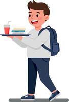 A cheerful boy carrying a tray with food and drink while wearing a backpack, in a flat, colorful illustration vector