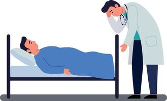 Doctor in a white coat checks on a patient lying in bed, minimal illustration depicting concern and care in a medical setting vector