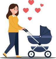 A cheerful woman in a yellow sweater pushing a stroller with love hearts floating above in a flat illustration vector